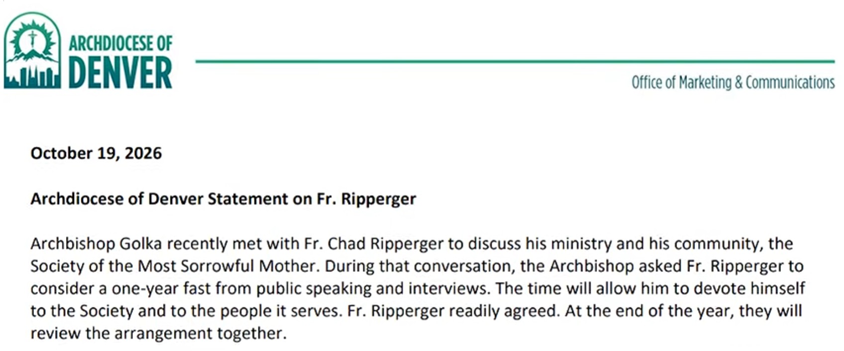 Diocesi di Denver screenshot comunicato