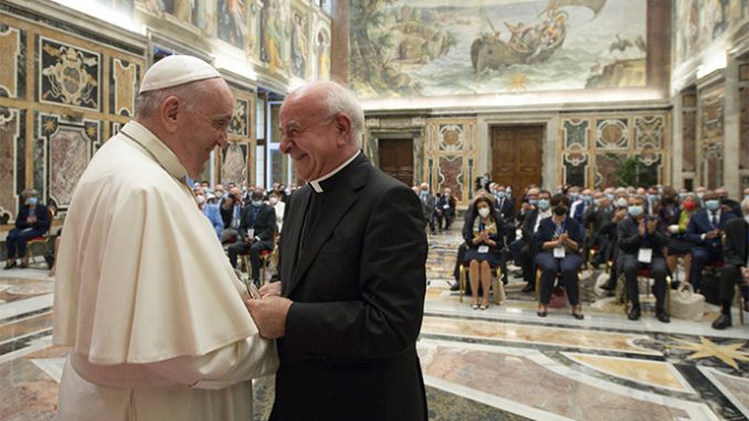 POPE ACADEMY LIFE - Pope Francis greets Archbishop Vincenzo Paglia, president of the Pontifical Academy for Life, during a meeting with its members in the Clementine Hall of the Apostolic Palace at the Vatican Sept. 27, 2021