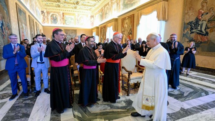 Papa Leone XIV saluta i partecipanti allincontro Fratelli tutti dialogo socio ambientale Nord Sud promosso dalla Pontificia Commissione per lAmerica Latina con Celam e Usccb