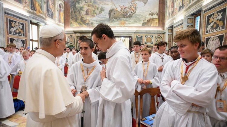 Pope Leo XIV greets several French altar servers at the audience on August 25 2025