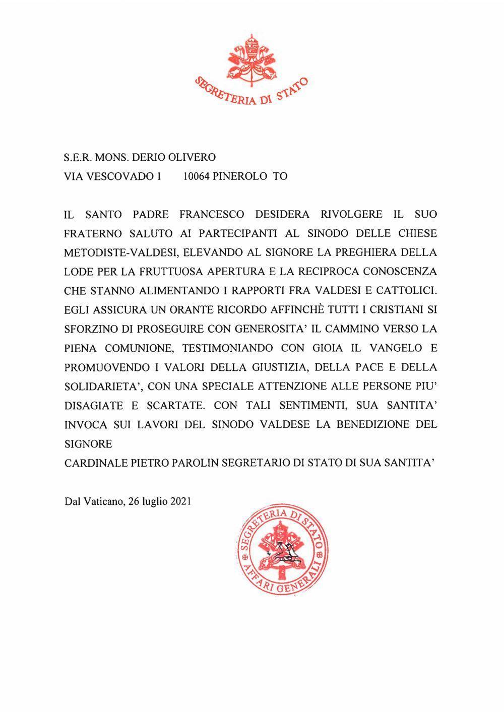 CardinalePietroParolin messaggio chiese metodiste e valdesi