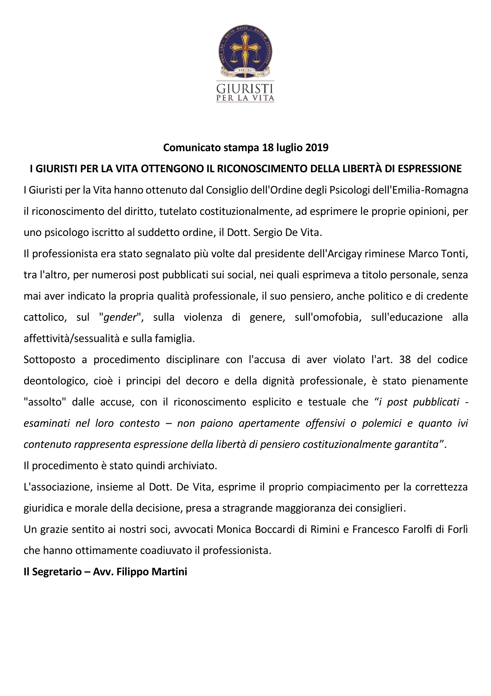 Comunicato stampa De Vita 17.7.19 1 revis. Filippo 002 Page 1