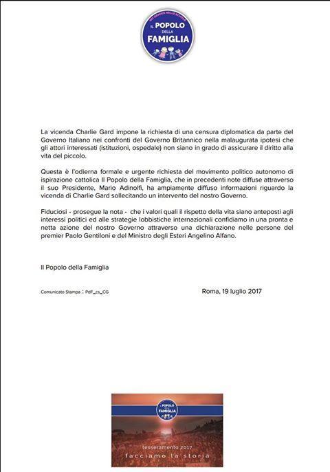 Formale richiesta del Popolo della Famiglia al Governo italiano per Charlie Gard